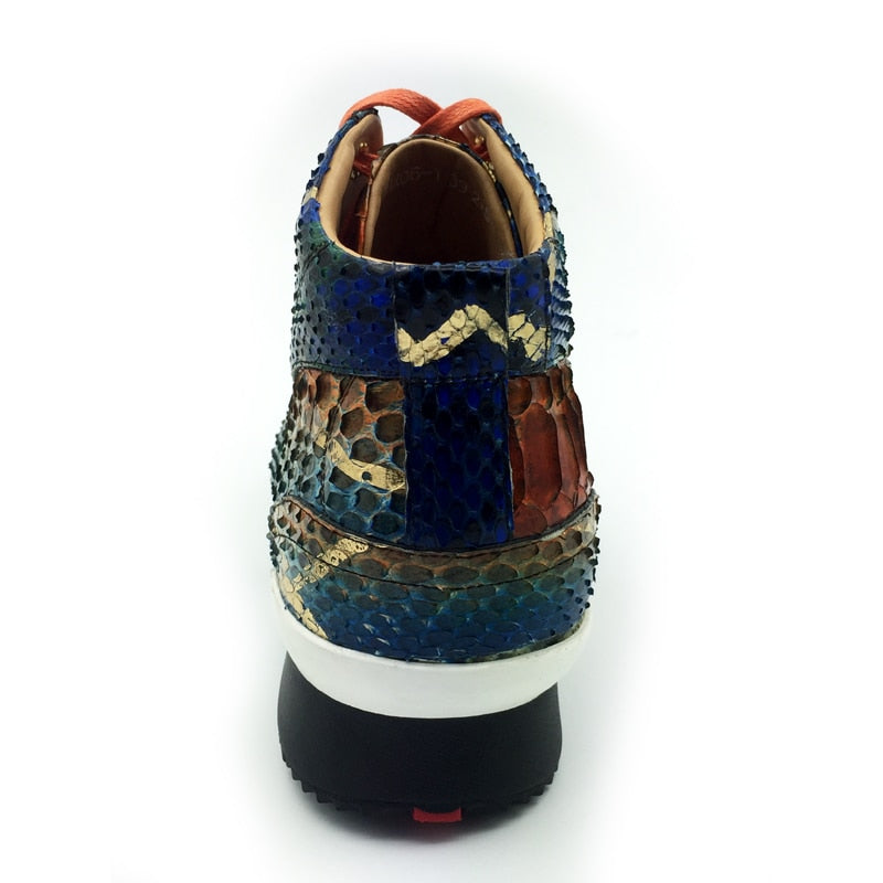 Men's High Top Lace-Up Sneakers with Colorful Snake Print Full Grain Leather