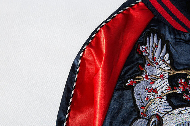 Stylish Harajuku Sukajan with White Phoenix Floral Embroidery