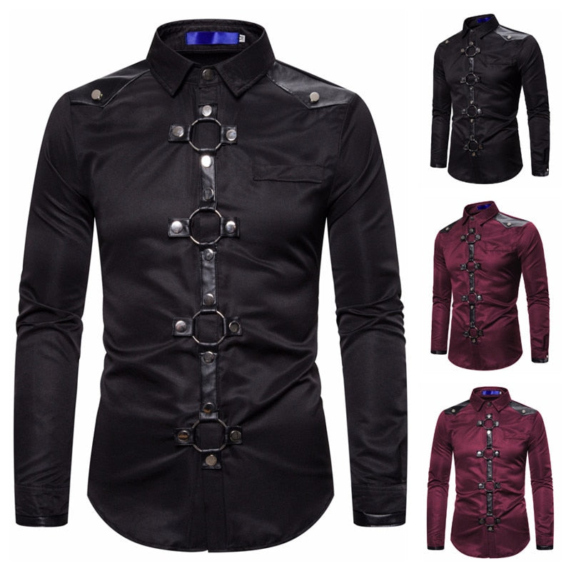 Men's Gothic Style Long Sleeve Slim Fit Cotton-Polyester Shirt with Rock Buckle Buttons