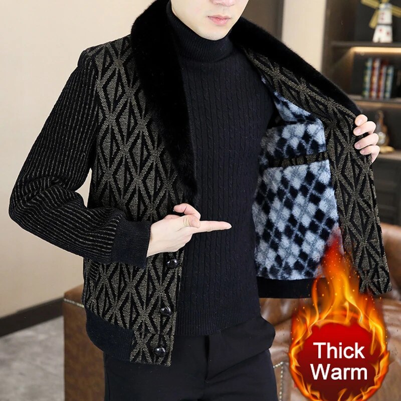 Stylish Geometric Print Woolen Fur Flip Collar Casual Jacket