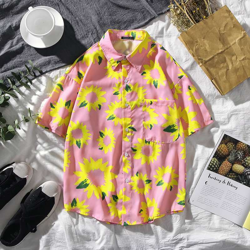 Stylish Hawaiian Sunflower Print Short-Sleeved Men's Polyester Shirt