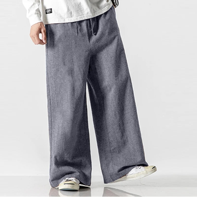 Midweight Solid Color Drawstring Regular-Fit Straight Loose Full-Length Pants