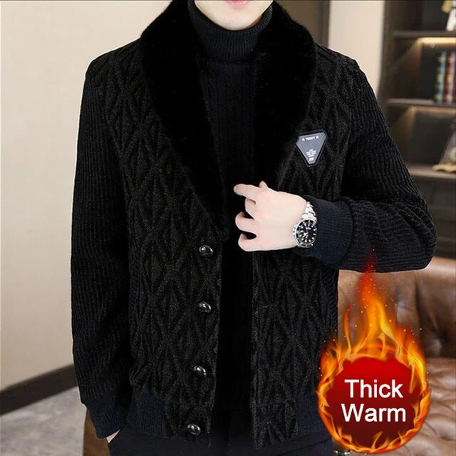 Stylish Geometric Print Woolen Fur Flip Collar Casual Jacket