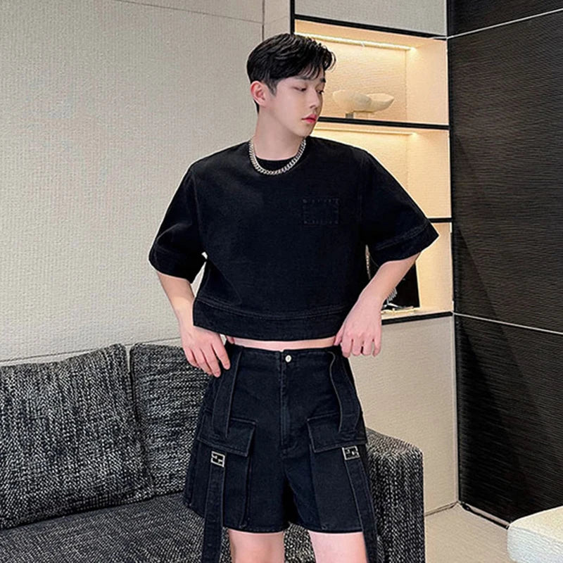 Comfortable Solid Polyester Casual Denim Cargo Short Set for All Occasions