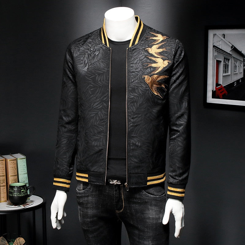 Men's Spring Gold Embroidery Print Slim-Fit Dark Bomber Jacket