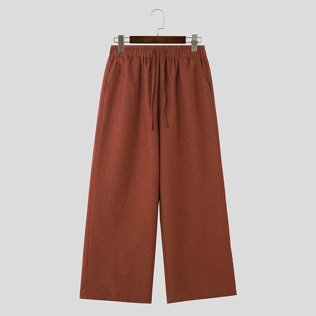 Midweight Solid Color Drawstring Regular-Fit Straight Loose Full-Length Pants