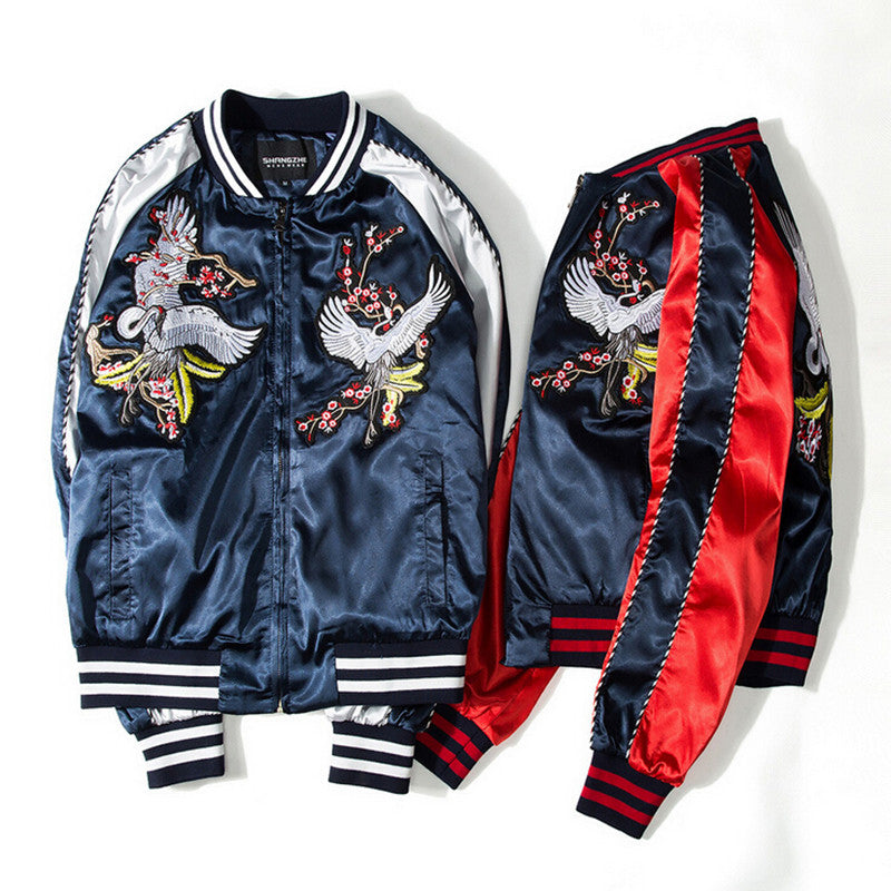 Stylish Harajuku Sukajan with White Phoenix Floral Embroidery