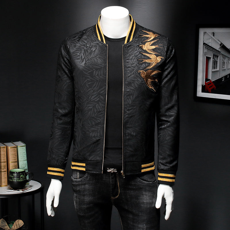 Men's Spring Gold Embroidery Print Slim-Fit Dark Bomber Jacket