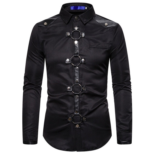 Men's Gothic Style Long Sleeve Slim Fit Cotton-Polyester Shirt with Rock Buckle Buttons