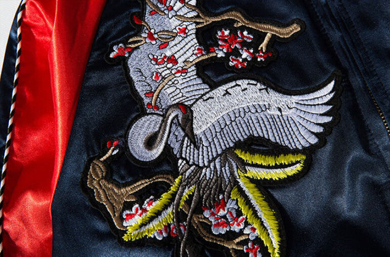 Stylish Harajuku Sukajan with White Phoenix Floral Embroidery