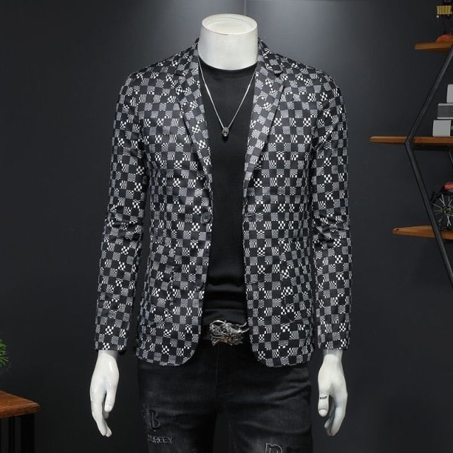Stylish Grey Checkered Technology Plaid Printed Men's Blazer for Spring and Autumn