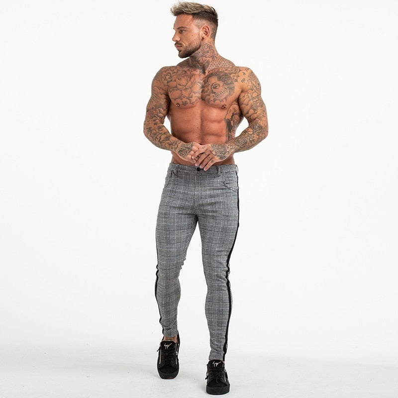 Men's Grey Plaid Side Striped Slim Fit and Skinny Style Casual Cotton Pants