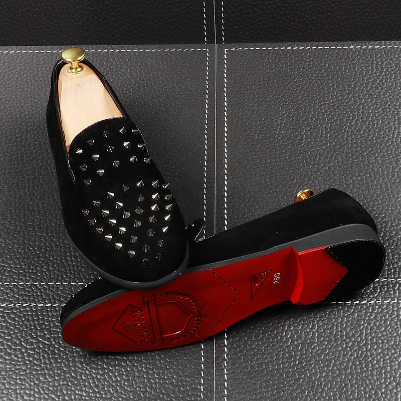 Men's Solid Black Riveted Punk-Style Casual Loafers Shoes