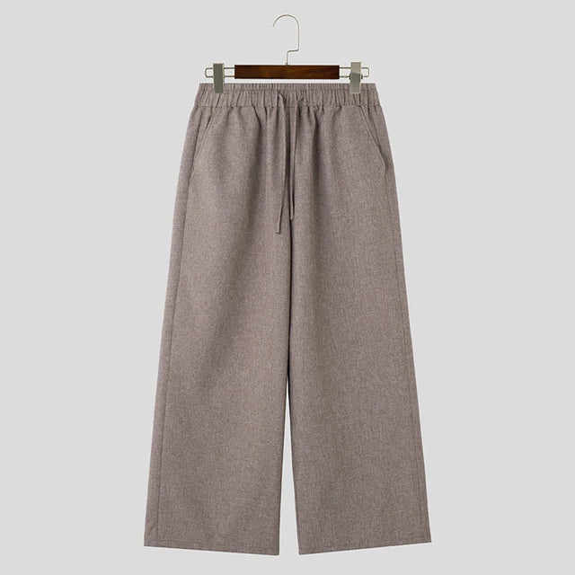 Midweight Solid Color Drawstring Regular-Fit Straight Loose Full-Length Pants