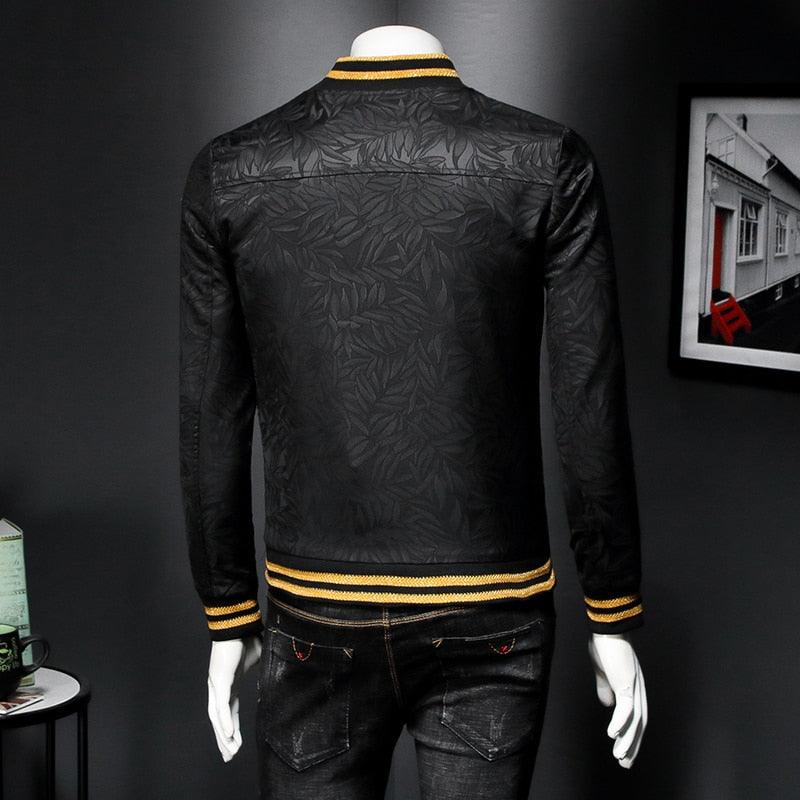 Men's Spring Gold Embroidery Print Slim-Fit Dark Bomber Jacket