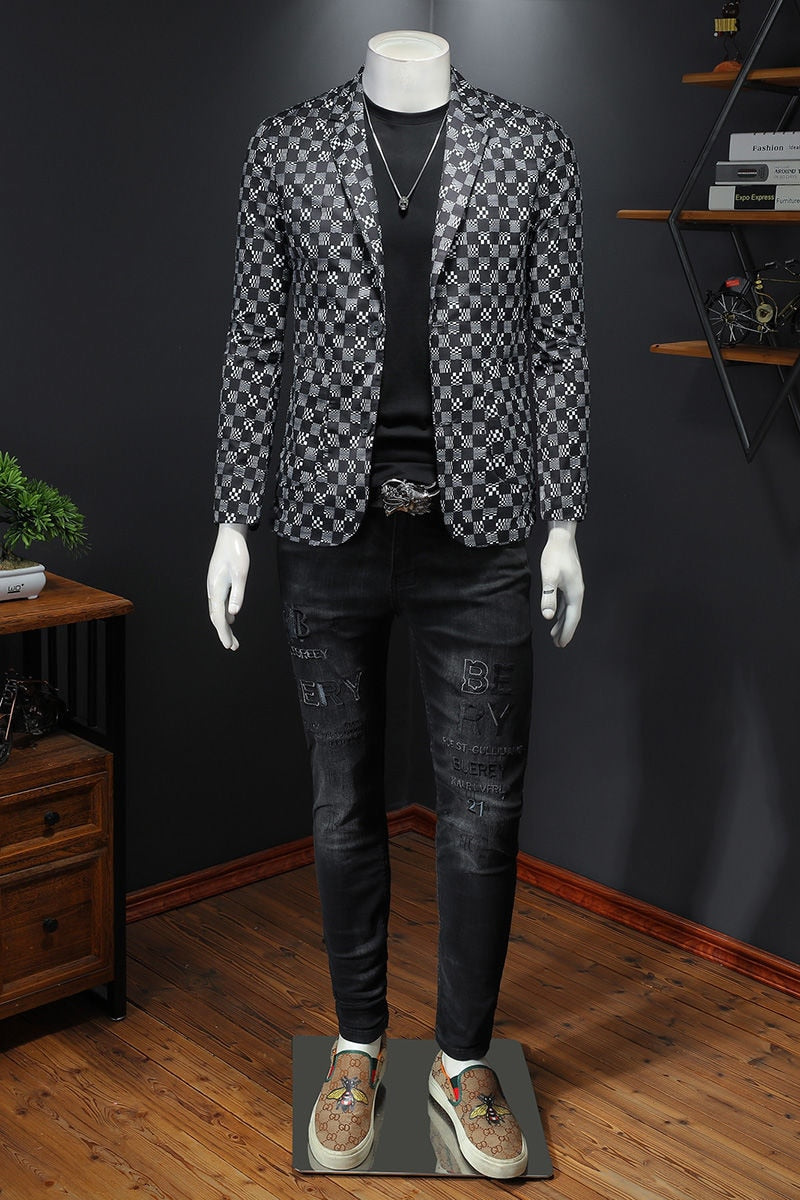 Stylish Grey Checkered Technology Plaid Printed Men's Blazer for Spring and Autumn