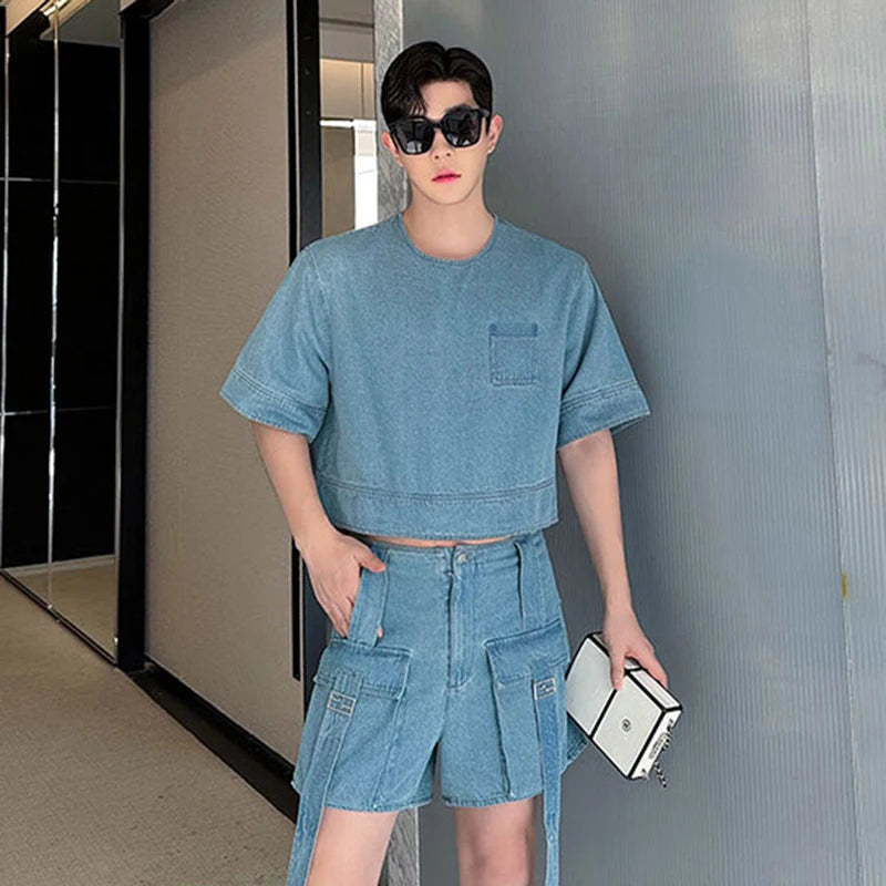 Comfortable Solid Polyester Casual Denim Cargo Short Set for All Occasions