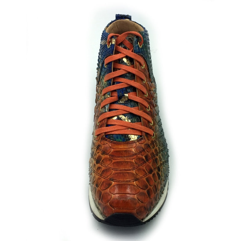 Men's High Top Lace-Up Sneakers with Colorful Snake Print Full Grain Leather