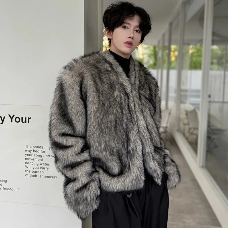 High - quality Solid Color V - neck Faux Fur Jacket for Stylish Look